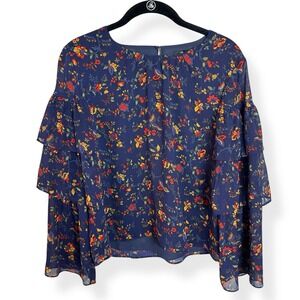 Madewell Ruffle Tiered Sleeve Blouse‎ Womens Small S Blue Floral Keyhole Chiffon
